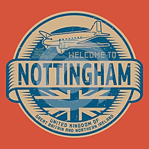 Stamp or tag with airplane text Welcome to Nottingham, United Kingdom