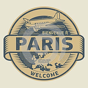 Stamp or tag with airplane and text Welcome to Paris, France