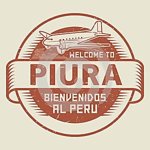 Stamp or tag with airplane and text Welcome to Piura, Peru