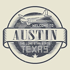 Stamp or tag with airplane and text Welcome to Texas, Austin