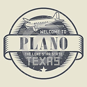 Stamp or tag with airplane and text Welcome to Texas, Plano photo