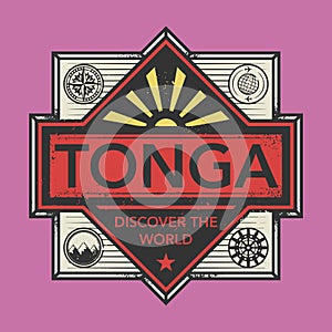 Stamp or vintage emblem with text Tonga, Discover the World