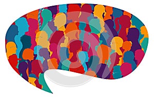 Speech bubble shape.Population.Crowd talking.Dialogue and communication group of diverse multiethnic and multicultural people.Silh