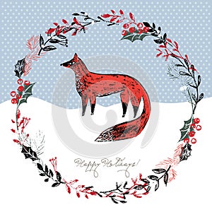Christmas decorative wreath with winter plants and fox in rustic linocut scratchy style