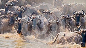 Stampede of wildebeast across river