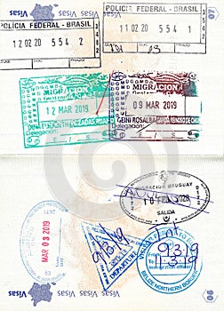 Stamps of Brazil, Guatemala, United States, Belize and Uruguay in French passport