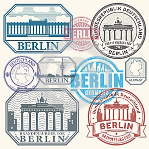 Stamps set with Brandenburg gate and the words Berlin, Republic of Germany