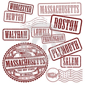 Stamps set with names of cities in State of Massachusetts