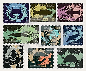 Stamps on the theme of underwater sea animals