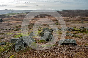 Stanage Edge millstones in the Derbyshire Peak District during winter