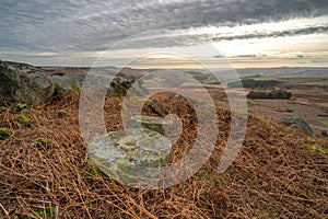 Stanage Edge millstones in the Derbyshire Peak District during winter