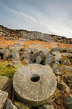 Stanage Edge millstones in the Derbyshire Peak District during winter