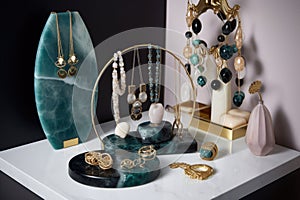 a stand-alone jewelry display with a mix of delicate and bold pieces