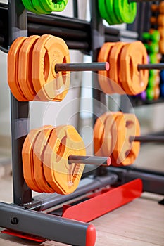 stand for barbell discs and dumbbells for the gym.