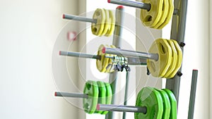 stand for barbell discs and dumbbells for the gym.