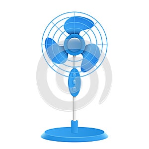 Stand fan, floor ventilator. Air cooling device blue fan. Wind blower, household appliance