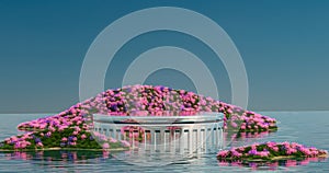 A stand in the lake flowers and island, 3D render