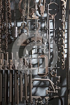 Stand with metal tools and devices