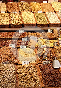 A stand with nuts in fruit market