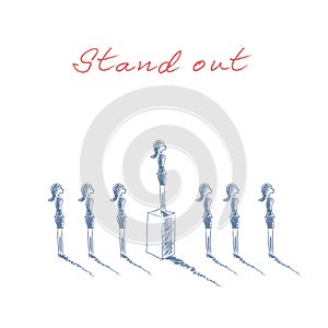 Stand out from the crowd business concept with businesswomen in line. Talent or special skills symbol. Hand drawn sketch