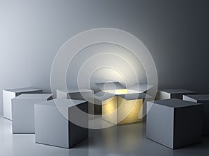 One luminous opened box glowing among others closed white square boxes on dark white room background