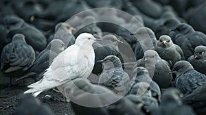 Stand Out in the Crowd: Solitary White Pigeon Among Grey. Generative ai