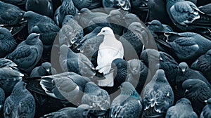 Stand Out in the Crowd: Solitary White Pigeon Among Grey. Generative ai