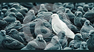 Stand Out in the Crowd: Solitary White Pigeon Among Grey. Generative ai