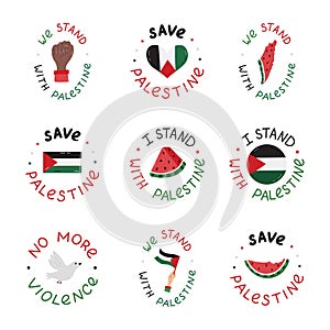 We Stand with Palestine set of emblems with lettering and hand drawn clipart. Watermelon slice, Gaza flag, fist, peace