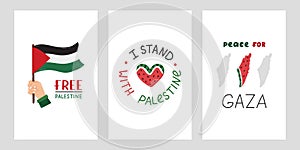 We Stand with Palestine set of posters with lettering and simple hand drawn clipart of Gaza flag in the hand, watermelon