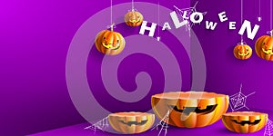 Stand and podium with halloween concept. Simple stage for product with halloween pumpkins in purple background