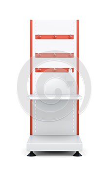 Stand with shelves and hooks for product on a white bac