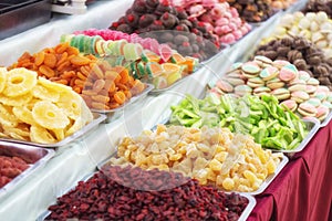 Stand with tasty chewy jelly beans. Colorful street food with sweet tasty delicious candies in Budapest, Hungary