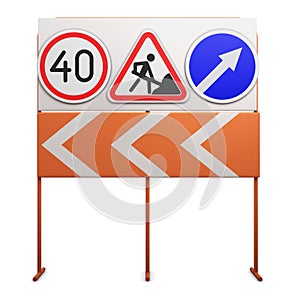 Stand with traffic signs on white background. 3d illustration