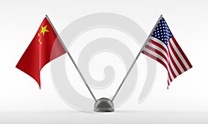 Stand with two national flags. Flags of China and the USA. Isolated on a white background. 3d rendering illustration