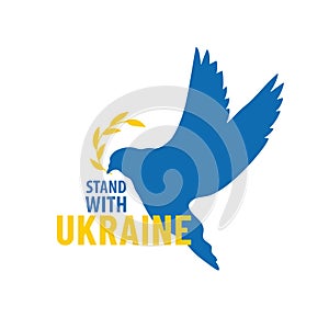 Stand with Ukraine. Dove with olive brunch. Peace in Ukraine. Stop russian agression