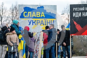 STAND WITH UKRAINE rally at the Dobele liberation monument to protest war and support Ukraine