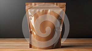 Stand up brown glossy pouch bag on wood table with zip lock for mockup background
