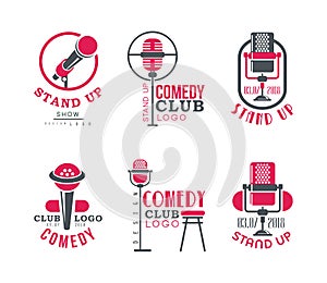 Stand Up Club Show Logo Design with Microphone and Text Vector Set