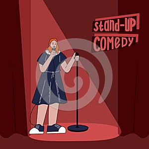 Stand-up comedic woman. Comedy artist. The performance of a female comedian