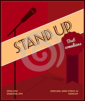 Stand up comedy event poster. Retro style vector illustration with black silhouette of microphone, badge best comedians and text.