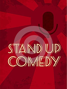 Stand up comedy event poster. Retro style vector illustration of dark silhouette of microphone at red starburst textured