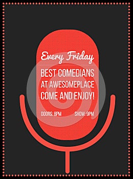 Stand up comedy event poster. Vector illustration of red microphone's silhouette with text.