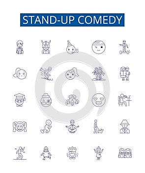 Stand-up comedy line icons signs set. Design collection of Humor, Jokes, Comedians, Spoofs, Punchlines, Laughing