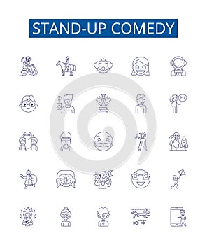 Stand-up comedy line icons signs set. Design collection of Humor, Jokes, Comedians, Spoofs, Punchlines, Laughing