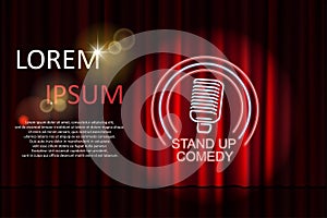 Stand up comedy with neon microphone sign and red curtain backdrop. Comedy night stand up show or karaoke party. Vector