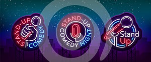 Stand Up Comedy Show is a collection of neon signage. Collection of neon logos, a symbol, a bright light banner, a neon