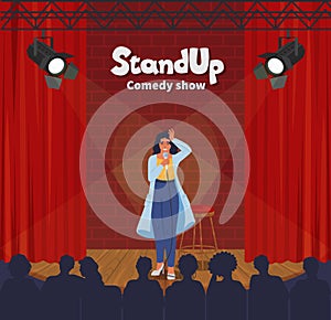 Stand up comedy show. Female comedian telling funny stories, jokes in front of live audience, flat vector illustration