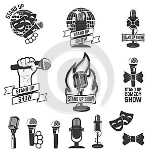 Stand up comedy show labels. Set of old style microphones.