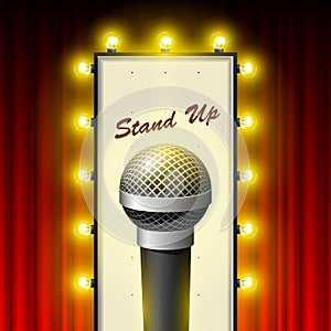 Stand up comedy show - microphone and retro theater marquee over drop-curtain photo